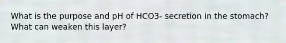 What is the purpose and pH of HCO3- secretion in the stomach? What can weaken this layer?