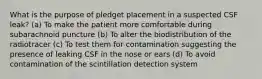 What is the purpose of pledget placement in a suspected CSF leak? (a) To make the patient more comfortable during subarachnoid puncture (b) To alter the biodistribution of the radiotracer (c) To test them for contamination suggesting the presence of leaking CSF in the nose or ears (d) To avoid contamination of the scintillation detection system