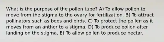 What is the purpose of the pollen tube? A) To allow pollen to move from the stigma to the ovary for fertilization. B) To attract pollinators such as bees and birds. C) To protect the pollen as it moves from an anther to a stigma. D) To produce pollen after landing on the stigma. E) To allow pollen to produce nectar.