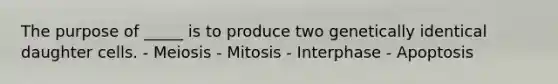 The purpose of _____ is to produce two genetically identical daughter cells. - Meiosis - Mitosis - Interphase - Apoptosis