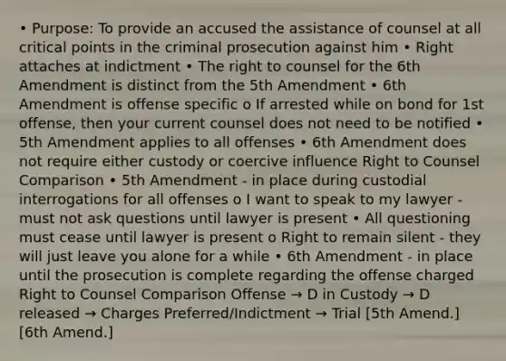 • Purpose: To provide an accused the assistance of counsel at all critical points in the criminal prosecution against him • Right attaches at indictment • The right to counsel for the 6th Amendment is distinct from the 5th Amendment • 6th Amendment is offense specific o If arrested while on bond for 1st offense, then your current counsel does not need to be notified • 5th Amendment applies to all offenses • 6th Amendment does not require either custody or coercive influence Right to Counsel Comparison • 5th Amendment - in place during custodial interrogations for all offenses o I want to speak to my lawyer - must not ask questions until lawyer is present • All questioning must cease until lawyer is present o Right to remain silent - they will just leave you alone for a while • 6th Amendment - in place until the prosecution is complete regarding the offense charged Right to Counsel Comparison Offense → D in Custody → D released → Charges Preferred/Indictment → Trial [5th Amend.] [6th Amend.]