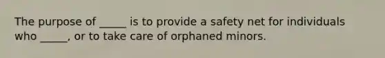 The purpose of _____ is to provide a safety net for individuals who _____, or to take care of orphaned minors.