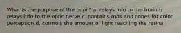 What is the purpose of the pupil? a. relays info to the brain b. relays info to the optic nerve c. contains rods and cones for color perception d. controls the amount of light reaching the retina