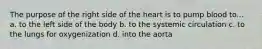 The purpose of the right side of the heart is to pump blood to... a. to the left side of the body b. to the systemic circulation c. to the lungs for oxygenization d. into the aorta