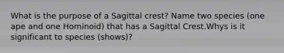 What is the purpose of a Sagittal crest? Name two species (one ape and one Hominoid) that has a Sagittal Crest.Whys is it significant to species (shows)?