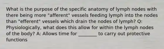 What is the purpose of the specific anatomy of lymph nodes with there being more "afferent" vessels feeding lymph into the nodes than "efferent" vessels which drain the nodes of lymph? Q: Physiologically, what does this allow for within the lymph nodes of the body? A: Allows time for ________ to carry out protective functions