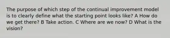 The purpose of which step of the continual improvement model is to clearly define what the starting point looks like? A How do we get there? B Take action. C Where are we now? D What is the vision?