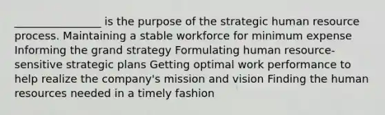 ________________ is the purpose of the strategic human resource process. Maintaining a stable workforce for minimum expense Informing the grand strategy Formulating human resource-sensitive strategic plans Getting optimal work performance to help realize the company's mission and vision Finding the human resources needed in a timely fashion