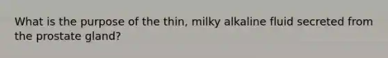 What is the purpose of the thin, milky alkaline fluid secreted from the prostate gland?