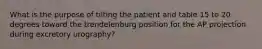 What is the purpose of tilting the patient and table 15 to 20 degrees toward the trendelenburg position for the AP projection during excretory urography?