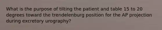 What is the purpose of tilting the patient and table 15 to 20 degrees toward the trendelenburg position for the AP projection during excretory urography?