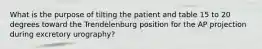 What is the purpose of tilting the patient and table 15 to 20 degrees toward the Trendelenburg position for the AP projection during excretory urography?