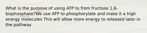 What is the purpose of using ATP to from fructose 1,6-bisphosphate?We use ATP to phosphorylate and make it a high energy molecules This will allow more energy to released later in the pathway