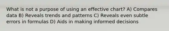 What is not a purpose of using an effective chart? A) Compares data B) Reveals trends and patterns C) Reveals even subtle errors in formulas D) Aids in making informed decisions