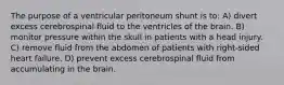 The purpose of a ventricular peritoneum shunt is to: A) divert excess cerebrospinal fluid to the ventricles of the brain. B) monitor pressure within the skull in patients with a head injury. C) remove fluid from the abdomen of patients with right-sided heart failure. D) prevent excess cerebrospinal fluid from accumulating in the brain.