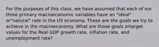 For the purposes of this class, we have assumed that each of our three primary macroeconomic variables have an "ideal" or"natural" rate in the US economy. These are the goals we try to achieve in the macroeconomy. What are those goals ortarget values for the Real GDP growth rate, inflation rate, and unemployment rate?