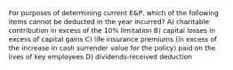 For purposes of determining current E&P, which of the following items cannot be deducted in the year incurred? A) charitable contribution in excess of the 10% limitation B) capital losses in excess of capital gains C) life insurance premiums (in excess of the increase in cash surrender value for the policy) paid on the lives of key employees D) dividends-received deduction