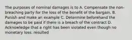 The purposes of nominal damages is to A. Compensate the non-breaching party for the loss of the benefit of the bargain. B. Punish and make an example C. Determine beforehand the damages to be paid if there is a breach of the contract D. Acknowledge that a right has been violated even though no monetary loss. resulted