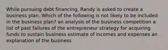 While pursuing debt financing, Randy is asked to create a business plan. Which of the following is not likely to be included in the business plan? an analysis of the business competition a list of past failures of the entrepreneur strategy for acquiring funds to sustain business estimate of incomes and expenses an explanation of the business