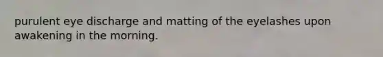 purulent eye discharge and matting of the eyelashes upon awakening in the morning.