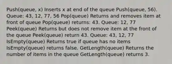 Push(queue, x) Inserts x at end of the queue Push(queue, 56). Queue: 43, 12, 77, 56 Pop(queue) Returns and removes item at front of queue Pop(queue) returns: 43. Queue: 12, 77 Peek(queue) Returns but does not remove item at the front of the queue Peek(queue) return 43. Queue: 43, 12, 77 IsEmpty(queue) Returns true if queue has no items IsEmpty(queue) returns false. GetLength(queue) Returns the number of items in the queue GetLength(queue) returns 3.