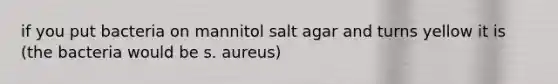 if you put bacteria on mannitol salt agar and turns yellow it is (the bacteria would be s. aureus)