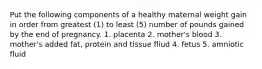 Put the following components of a healthy maternal weight gain in order from greatest (1) to least (5) number of pounds gained by the end of pregnancy. 1. placenta 2. mother's blood 3. mother's added fat, protein and tissue fliud 4. fetus 5. amniotic fluid