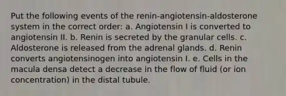 Put the following events of the renin-angiotensin-aldosterone system in the correct order: a. Angiotensin I is converted to angiotensin II. b. Renin is secreted by the granular cells. c. Aldosterone is released from the adrenal glands. d. Renin converts angiotensinogen into angiotensin I. e. Cells in the macula densa detect a decrease in the flow of fluid (or ion concentration) in the distal tubule.