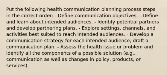 Put the following health communication planning process steps in the correct order: - Define communication objectives. - Define and learn about intended audiences. - Identify potential partners and develop partnering plans. - Explore settings, channels, and activities best suited to reach intended audiences. - Develop a communication strategy for each intended audience; draft a communication plan. - Assess the health issue or problem and identify all the components of a possible solution (e.g., communication as well as changes in policy, products, or services).