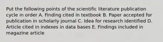 Put the following points of the scientific literature publication cycle in order A. Finding cited in textbook B. Paper accepted for publication in scholarly journal C. Idea for research identified D. Article cited in indexes in data bases E. Findings included in magazine article