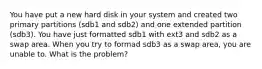 You have put a new hard disk in your system and created two primary partitions (sdb1 and sdb2) and one extended partition (sdb3). You have just formatted sdb1 with ext3 and sdb2 as a swap area. When you try to formad sdb3 as a swap area, you are unable to. What is the problem?