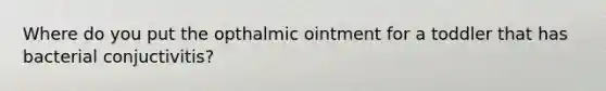 Where do you put the opthalmic ointment for a toddler that has bacterial conjuctivitis?