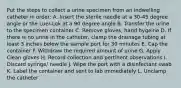 Put the steps to collect a urine specimen from an indwelling catheter in order: A. Insert the sterile needle at a 30-45 degree angle or the Luer-Lok at a 90 degree angle B. Transfer the urine to the specimen container C. Remove gloves, hand hygeine D. If there is no urine in the catheter, clamp the drainage tubing at least 3 inches below the sample port for 30 minutes E. Cap the container F. Withdraw the required amount of urine G. Apply Clean gloves H. Record collection and pertinent observations I. Discard syringe/ needle J. Wipe the port with a disinfectant swab K. Label the container and sent to lab immediately L. Unclamp the catheter