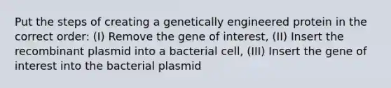 Put the steps of creating a genetically engineered protein in the correct order: (I) Remove the gene of interest, (II) Insert the recombinant plasmid into a bacterial cell, (III) Insert the gene of interest into the bacterial plasmid