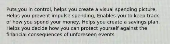 Puts you in control, helps you create a visual spending picture, Helps you prevent impulse spending, Enables you to keep track of how you spend your money, Helps you create a savings plan, Helps you decide how you can protect yourself against the financial consequences of unforeseen events