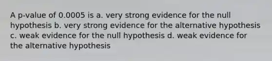 A p-value of 0.0005 is a. very strong evidence for the null hypothesis b. very strong evidence for the alternative hypothesis c. weak evidence for the null hypothesis d. weak evidence for the alternative hypothesis