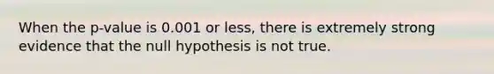 When the p-value is 0.001 or less, there is extremely strong evidence that the null hypothesis is not true.