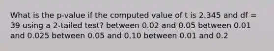 What is the p-value if the computed value of t is 2.345 and df = 39 using a 2-tailed test? between 0.02 and 0.05 between 0.01 and 0.025 between 0.05 and 0.10 between 0.01 and 0.2