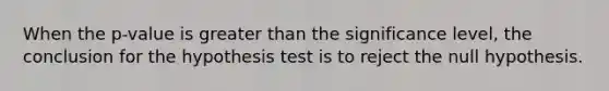 When the p-value is greater than the significance level, the conclusion for the hypothesis test is to reject the null hypothesis.