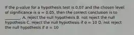 If the p-value for a hypothesis test is 0.07 and the chosen level of significance is α = 0.05, then the correct conclusion is to ________. A. reject the null hypothesis B. not reject the null hypothesis C. reject the null hypothesis if σ = 10 D. not reject the null hypothesis if σ = 10