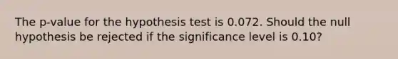 The p-value for the hypothesis test is 0.072. Should the null hypothesis be rejected if the significance level is 0.10?