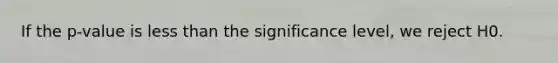 If the p-value is <a href='https://www.questionai.com/knowledge/k7BtlYpAMX-less-than' class='anchor-knowledge'>less than</a> the significance level, we reject H0.