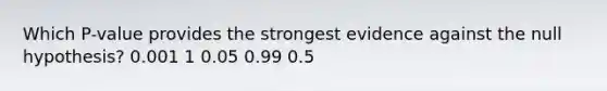 Which P-value provides the strongest evidence against the null hypothesis? 0.001 1 0.05 0.99 0.5