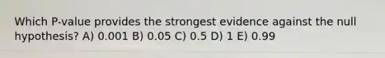 Which P-value provides the strongest evidence against the null hypothesis? A) 0.001 B) 0.05 C) 0.5 D) 1 E) 0.99