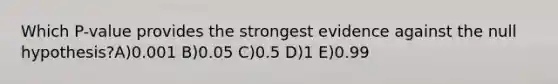 Which P-value provides the strongest evidence against the null hypothesis?A)0.001 B)0.05 C)0.5 D)1 E)0.99