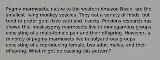 Pygmy marmosets, native to the western Amazon Basin, are the smallest living monkey species. They eat a variety of foods, but tend to prefer gum (tree sap) and insects. Previous research has shown that most pygmy marmosets live in monogamous groups consisting of a male-female pair and their offspring. However, a minority of pygmy marmosets live in polyandrous groups consisting of a reproducing female, two adult males, and their offspring. What might be causing this pattern?