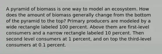 A pyramid of biomass is one way to model an ecosystem. How does the amount of biomass generally change from the bottom of the pyramid to the top? Primary producers are modeled by a wide rectangle labeled 100 percent. Above them are first-level consumers and a narrow rectangle labeled 10 percent. Then second level consumers at 1 percent, and on top the third-level consumers at 0.1 percent.