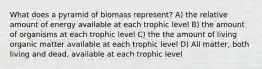 What does a pyramid of biomass represent? A) the relative amount of energy available at each trophic level B) the amount of organisms at each trophic level C) the the amount of living organic matter available at each trophic level D) All matter, both living and dead, available at each trophic level