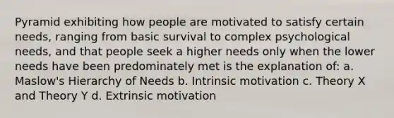 Pyramid exhibiting how people are motivated to satisfy certain needs, ranging from basic survival to complex psychological needs, and that people seek a higher needs only when the lower needs have been predominately met is the explanation of: a. Maslow's Hierarchy of Needs b. Intrinsic motivation c. Theory X and Theory Y d. Extrinsic motivation