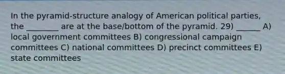 In the pyramid-structure analogy of American political parties, the ________ are at the base/bottom of the pyramid. 29) ______ A) local government committees B) congressional campaign committees C) national committees D) precinct committees E) state committees